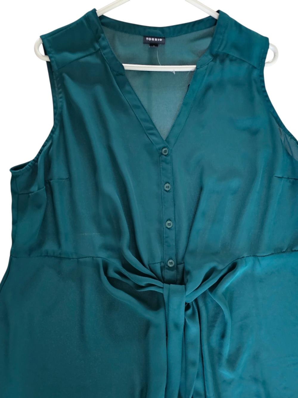 torrid Teal Sleeveless V-Neck Peplum Tie-Front Blouse - Picture 4 of 9